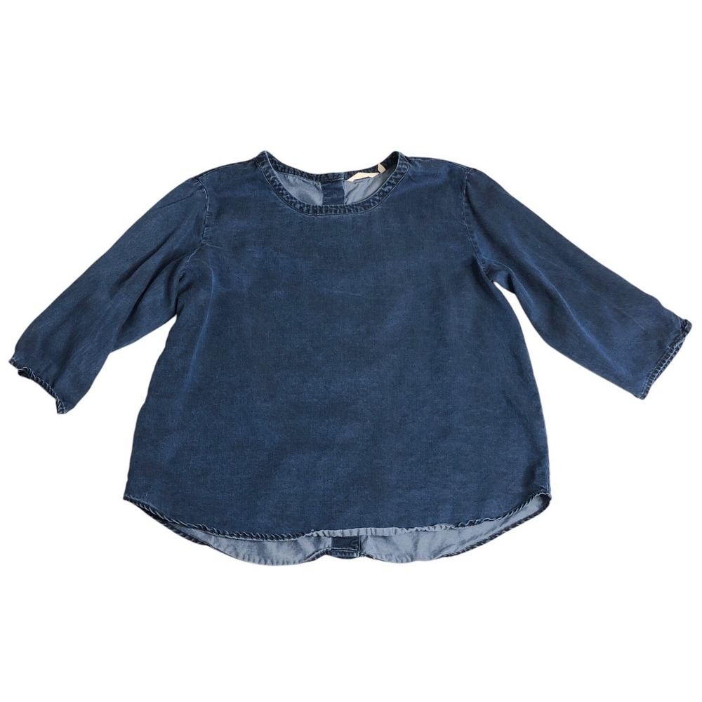 Soft Surroundings Top Womens M Blue Chambray Lyocell Button Back Ruffle Sleeve